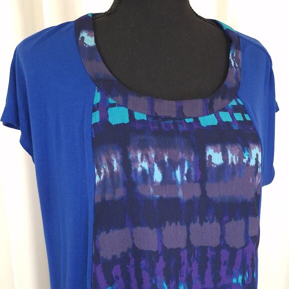 Coldwater Creek Blue Sz L/14 Blouse Abstract Print Short Sleeve Flowy Elegant - Picture 2 of 13